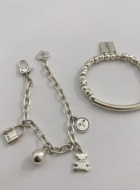 东大门925银疑惑脸手链女ins冷淡风闺蜜小熊字多吊坠手环潮全新