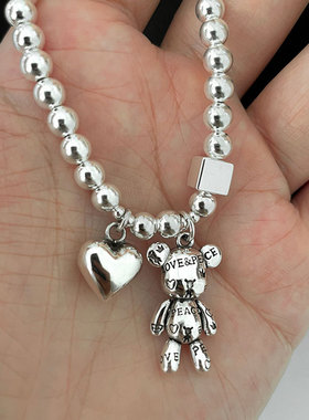 新款925纯银珠子爱心小熊手链女夏简约ins小众设计2022年弹力全新