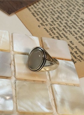 韩国东大门925银复古做旧宝石开口指环白玛瑙戒指简约百搭雏菊戒