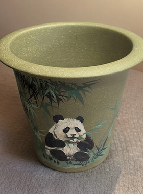 满意紫砂全手工制作精品苹果绿泥泥绘熊猫花盆卖掉可定制23×18