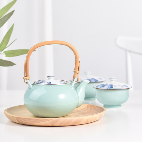 波佐见烧日本进口绿釉横手提梁茶具简约纯色茶水分离家用杯壶套装 - 图2