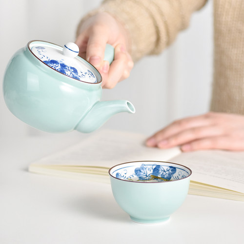 波佐见烧日本进口绿釉横手提梁茶具简约纯色茶水分离家用杯壶套装 - 图0