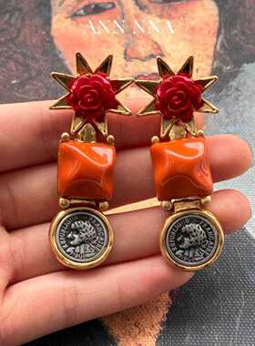 中古vintage古币玫瑰花耳饰复古小众设计高级感夸张立体彩色耳环