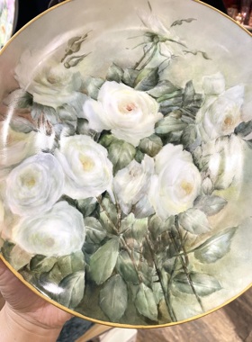 新品手绘白玫瑰花装饰赏盘
