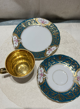 手绘内鎏金大茶杯一杯双碟套装松石蓝