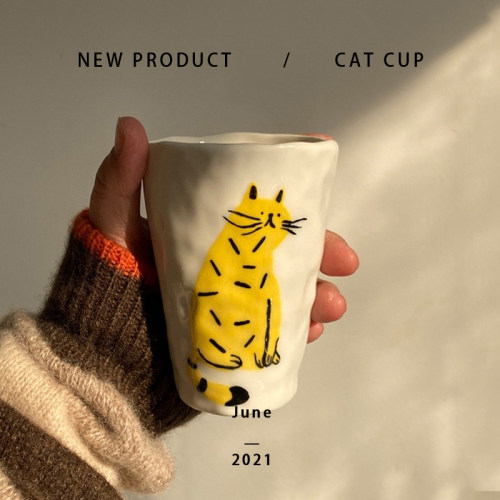 旷野呼告| 原创手捏不规则手握杯橘猫黄猫设计手作小众咖啡杯 - 图1