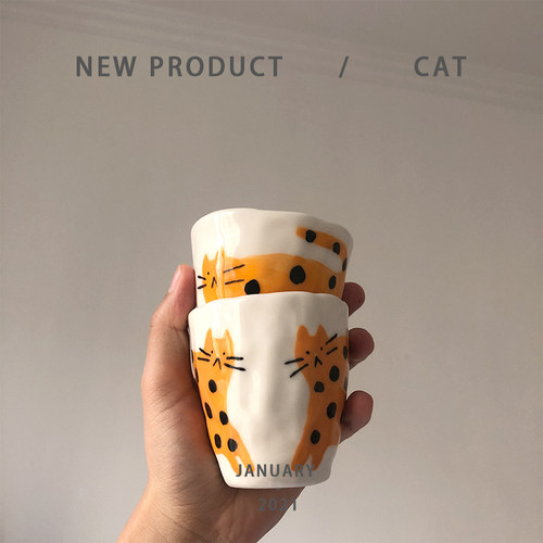 旷野呼告| 原创手捏不规则手握杯橘猫黄猫设计手作小众咖啡杯 - 图2