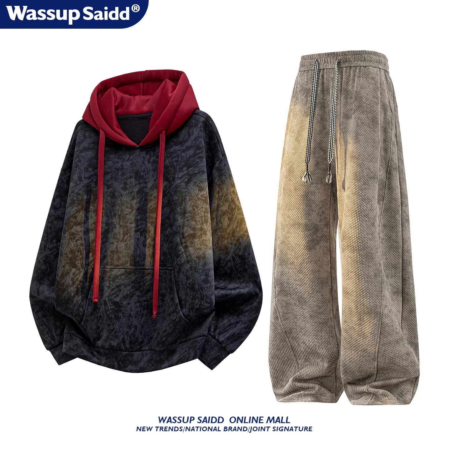 WASSUP SAIDD加绒套装秋冬季长袖连帽卫衣美式休闲长裤男女青少年,淘宝优惠券,粉丝福利购,淘宝优惠卷