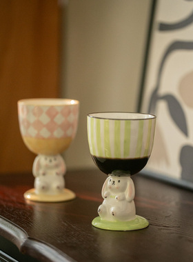 可爱手绘立体小兔高脚杯 陶瓷 釉下彩马克杯子水杯牛奶杯酒杯早餐