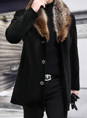 毛领中长款单排扣毛领黑色外套