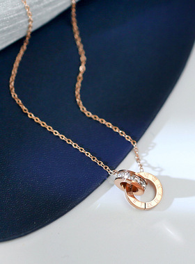 钛钢不掉色罗马字母项链女轻奢小众设计高级感环环相扣锆石锁骨链