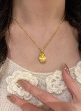 古法金色镶钻拉丝福袋吊坠项链女中式轻奢高级感花丝钱袋子锁骨链