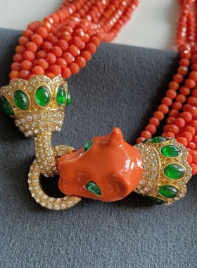 中青饰品中古重工豹子项链玻璃珠满钻手链C60