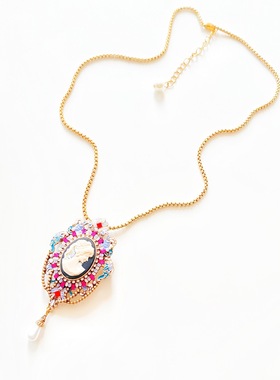 中青饰品复古宫廷风卡梅奥毛衣链华丽彩钻胸针项链两用款C56