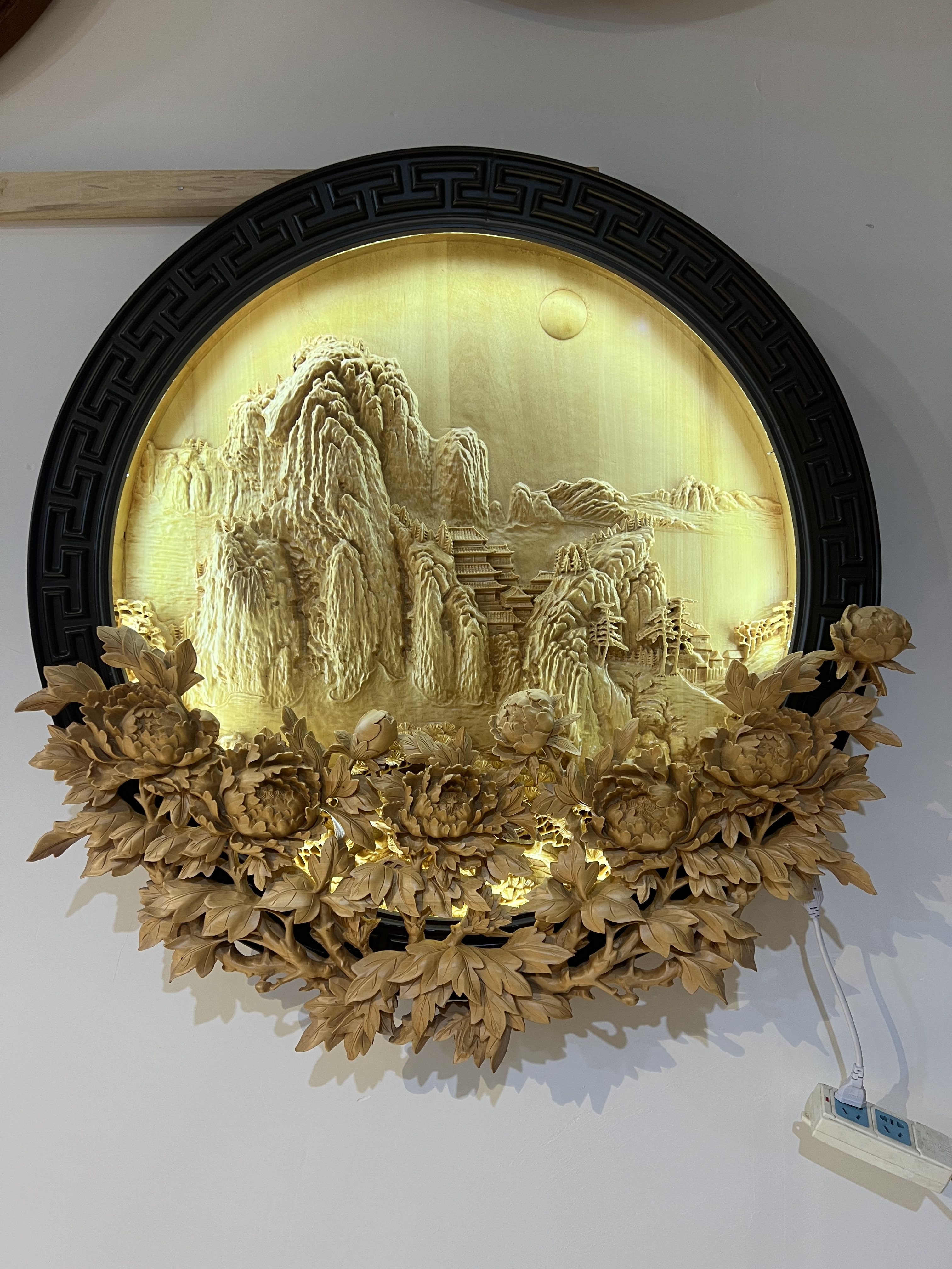 东阳木雕纯手工雕刻玄关电视背景墙装饰雕花牡丹花富贵吉祥图定做