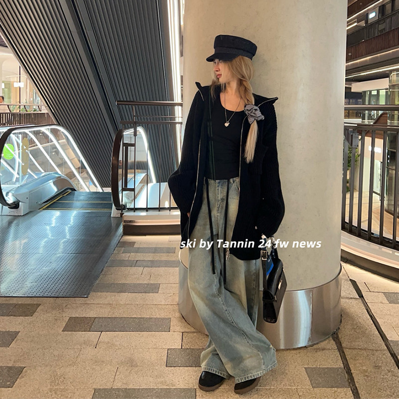 ski byTannin赤兔蓝调时刻撞色抽绳牛仔裤女新高腰休闲直筒阔腿裤,淘宝优惠券,粉丝福利购,淘宝优惠卷