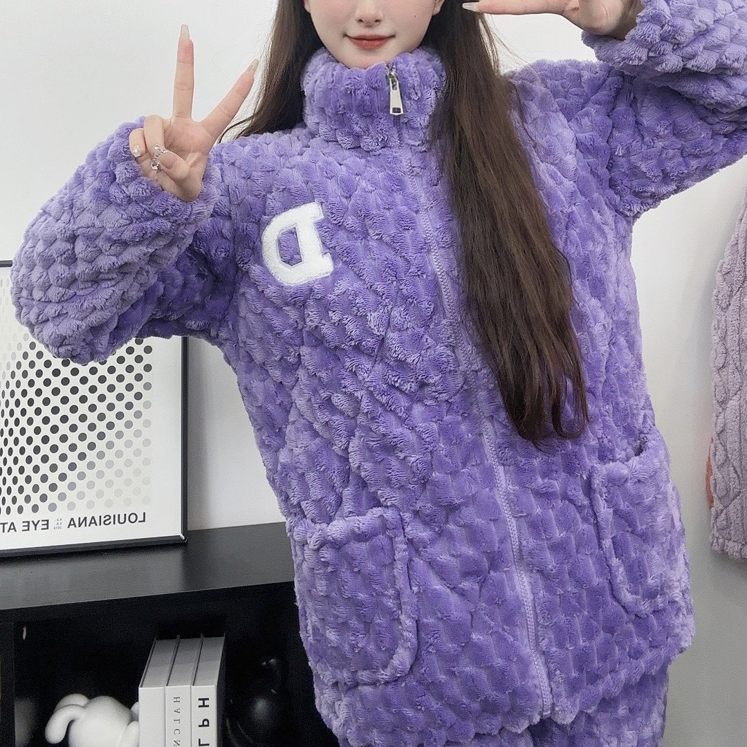 睡衣女冬加厚保暖拉链三层夹棉法兰绒大码外穿家居服套装立领纯色,淘宝优惠券,粉丝福利购,淘宝优惠卷