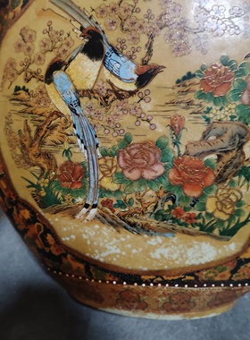 陶瓷手彩花瓶广彩花瓶潮彩花瓶日本彩萨摩真金彩绘老货 重工粉彩