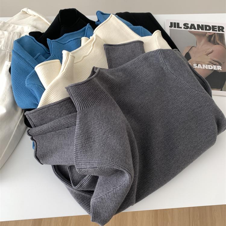 气质显白半高领卷边坑条毛衣女25秋冬宽松保暖基础百搭套头针织衫 - 图0