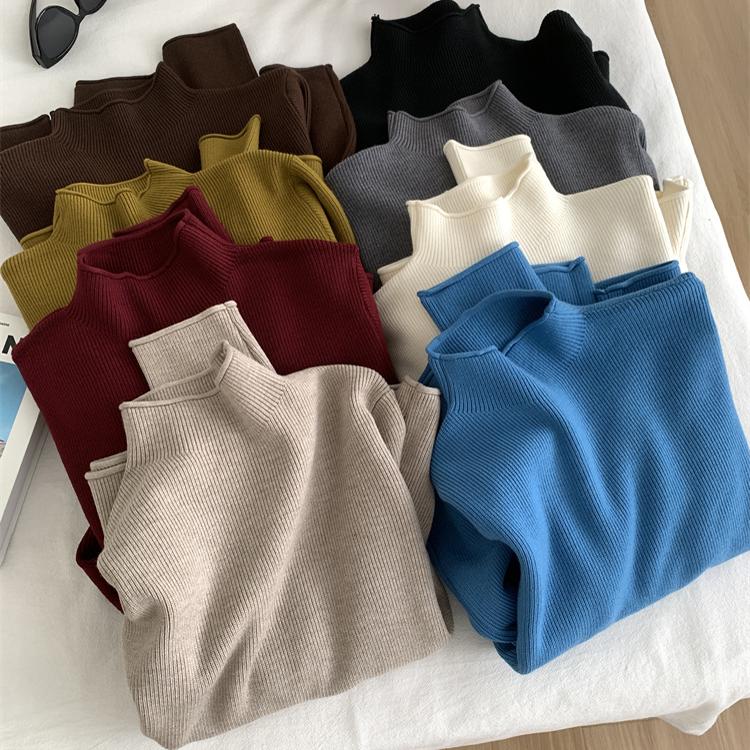 气质显白半高领卷边坑条毛衣女25秋冬宽松保暖基础百搭套头针织衫 - 图3