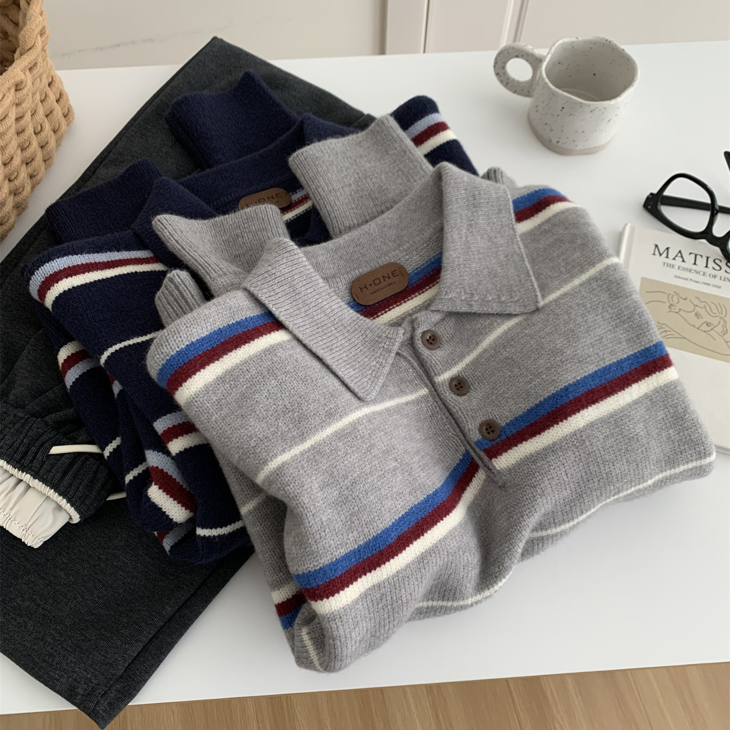 慵懒韩版撞色条纹翻领针织衫女秋冬保暖纽扣门襟套头软糯毛衣外套 - 图0