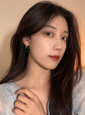复古港风绿色耳环女气质圆形耳圈