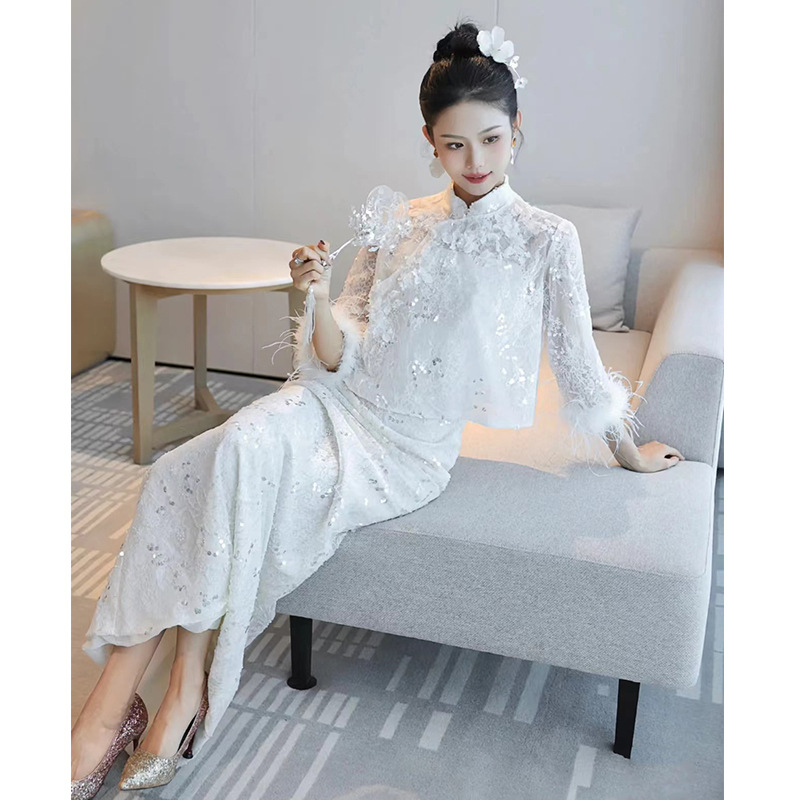 订婚礼服新中式领证登记连衣裙敬酒服2025新款新娘套装白色旗袍女 - 图1