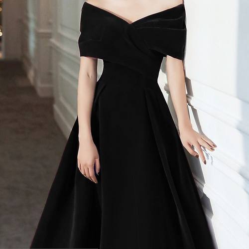 黑色晚礼服裙女显瘦大码一字肩宴会气质时尚年会礼服长款小个子秋 - 图0