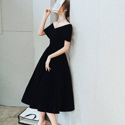 黑色晚礼服裙女显瘦大码一字肩宴会气质时尚年会礼服长款小个子秋 - 图2