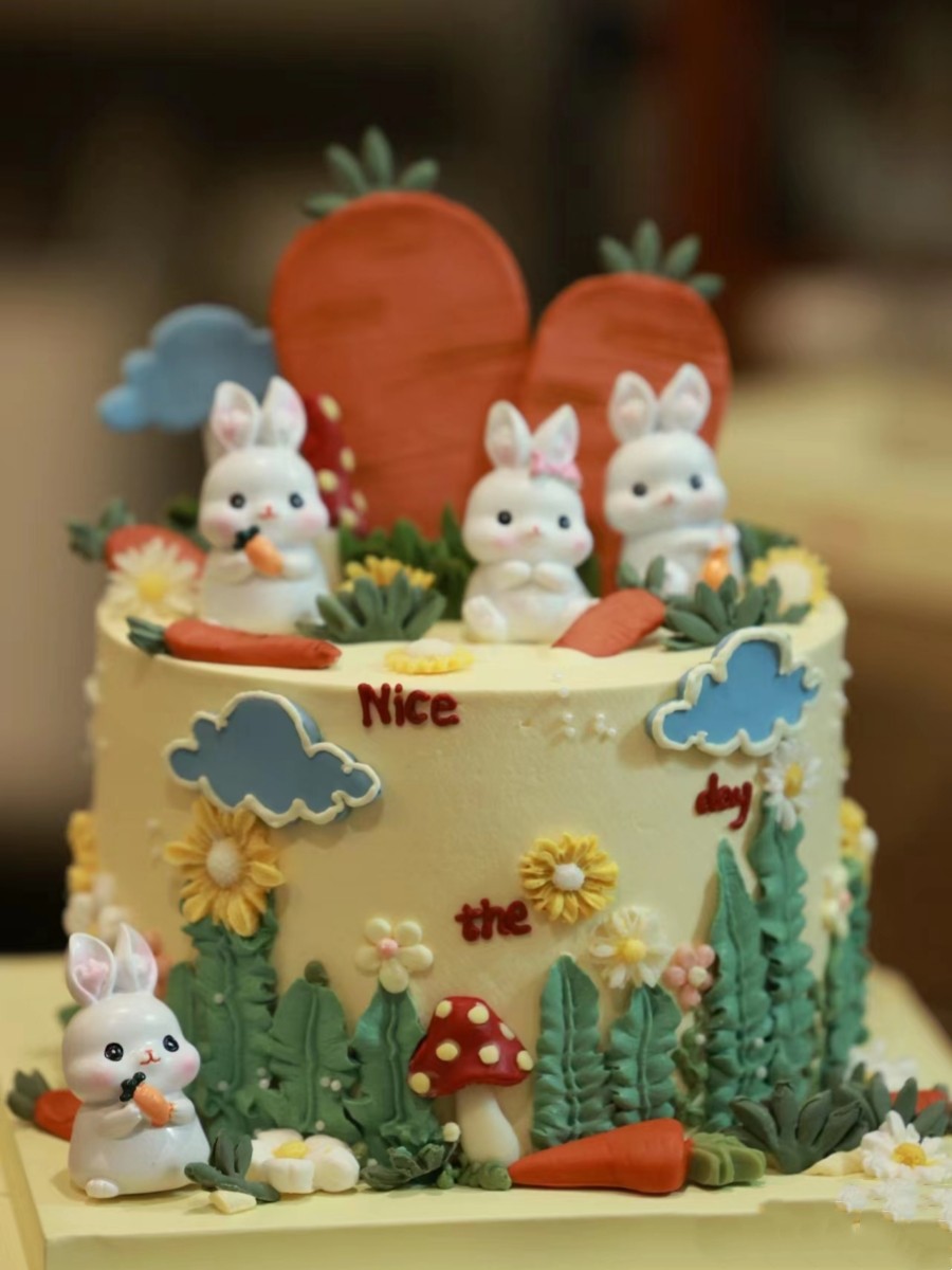 可爱兔宝宝生日蛋糕装饰摆件满月百天男孩女孩小兔子甜品台插件