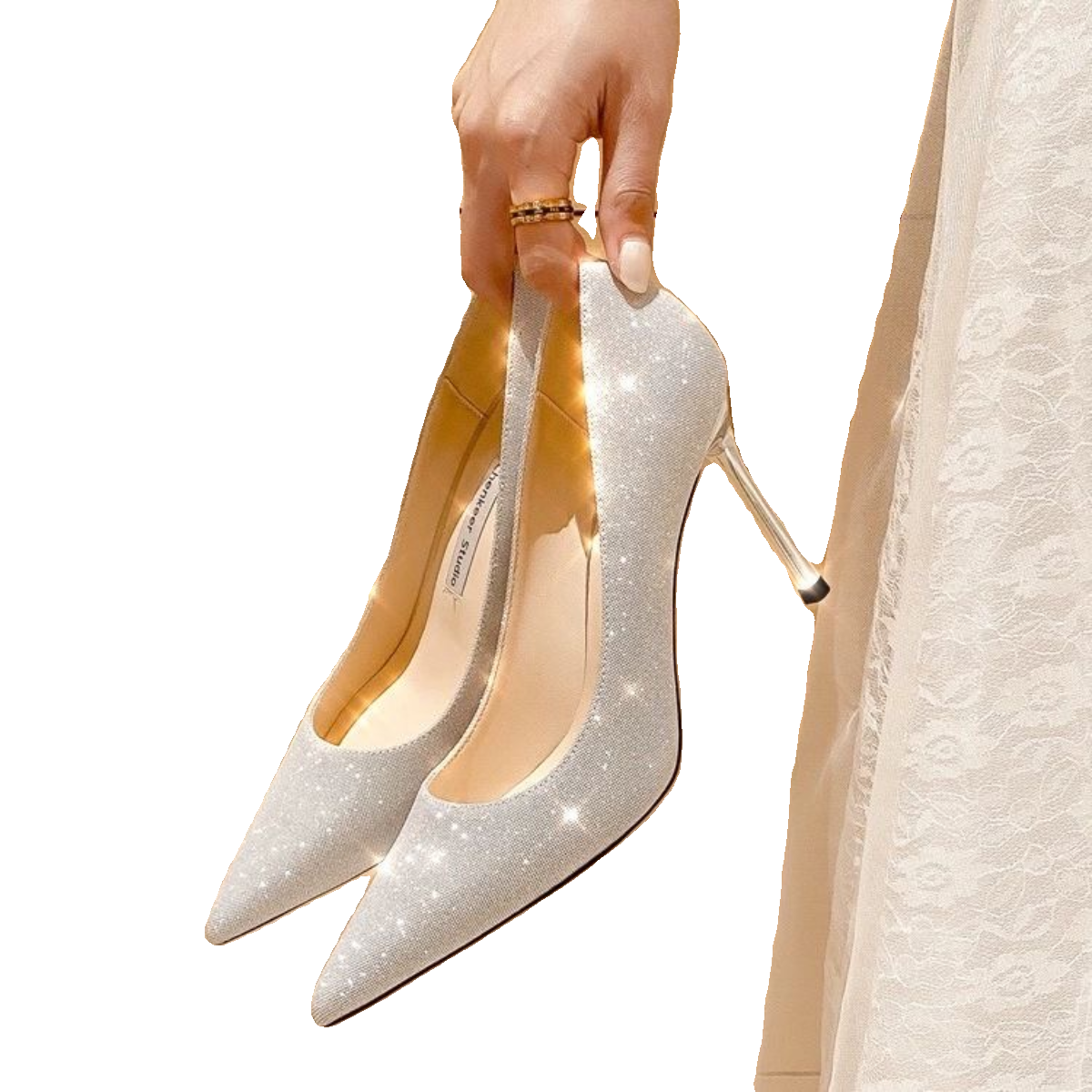 银色高跟鞋女细跟尖头2024新款水晶婚鞋新娘鞋结婚婚纱婚礼订婚鞋-图3