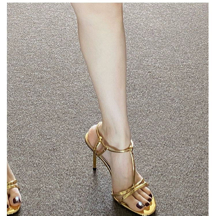 金色T字带露趾细跟高跟鞋女2025夏新款性感气质百搭一字扣带凉鞋,淘宝优惠券,粉丝福利购,淘宝优惠卷