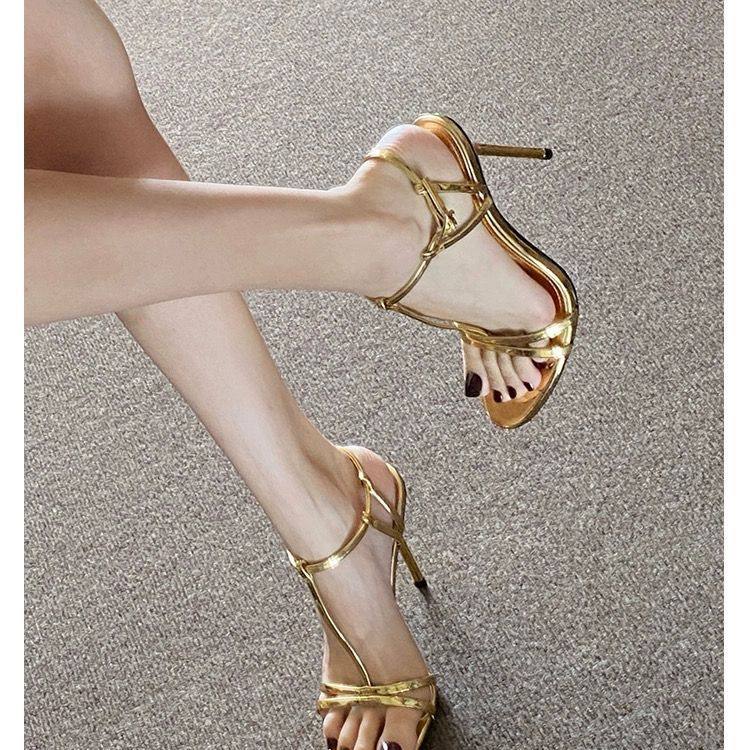 金色T字带露趾细跟高跟鞋女2025夏新款性感气质百搭一字扣带凉鞋,淘宝优惠券,粉丝福利购,淘宝优惠卷