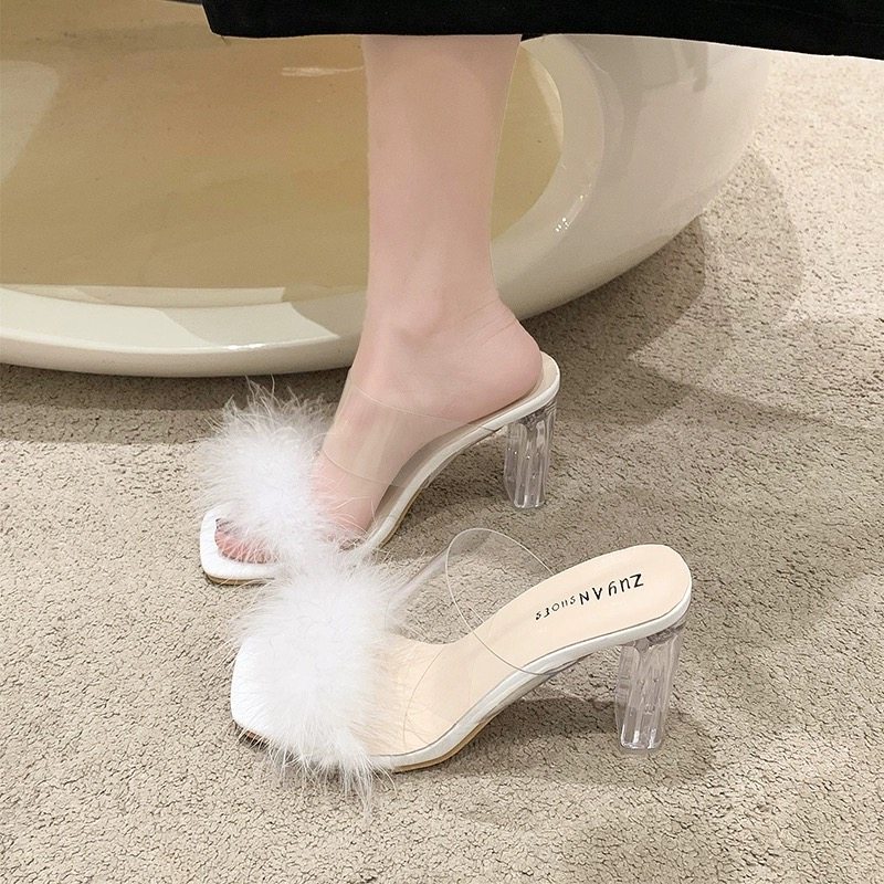 法式粗跟高跟鞋仙女风凉拖夏季气质凉鞋设计小众毛毛外穿透明拖鞋,淘宝优惠券,粉丝福利购,淘宝优惠卷