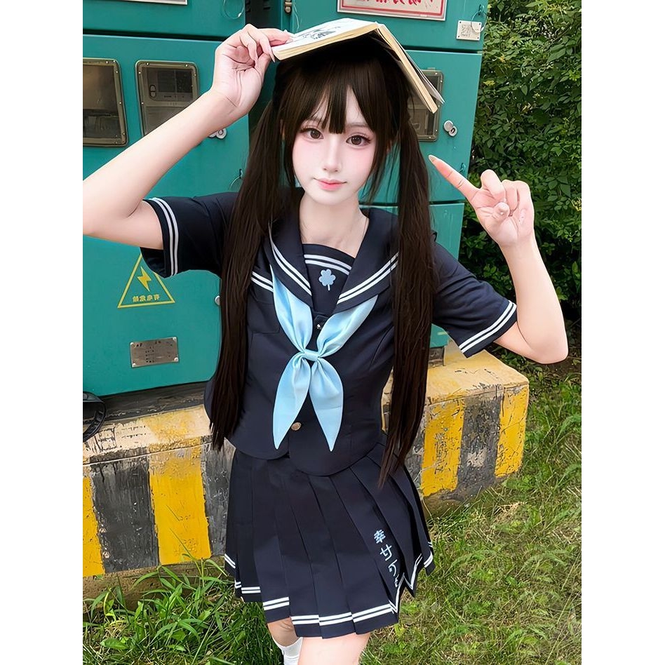 【叁叶町】三叶草刺绣JK水手服正版原创收腰学院风绀色百褶裙套装 - 图3