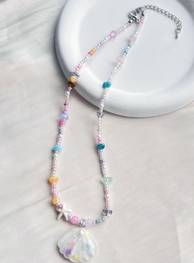 日韩夏季新款贝壳米珠串珠锁骨链