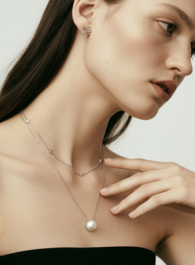 FataViamS925纯银叠戴珍珠莫桑钻石四叶草项链锁骨链高级感配饰女