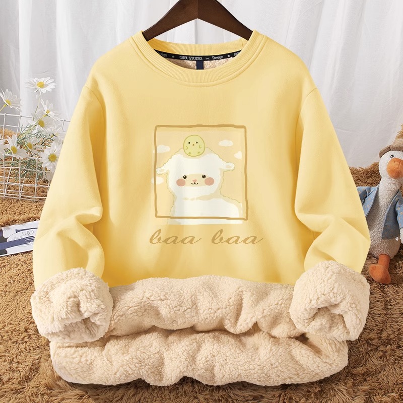 羊羔绒圆领卫衣女秋冬季女装新款加绒加厚小个子冬款上衣厚外套潮 - 图1