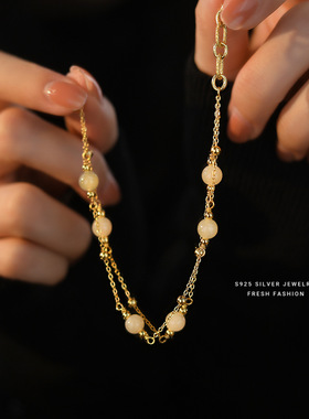 s925纯银和田玉圆珠双层手链复古国风气质转运珠轻奢精致百搭手饰