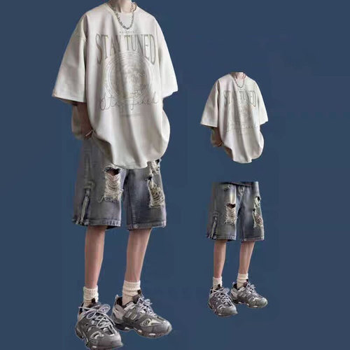 夏季纯棉T恤男短袖牛仔短裤运动套装男生学生宽松运动帅气青少年 - 图2