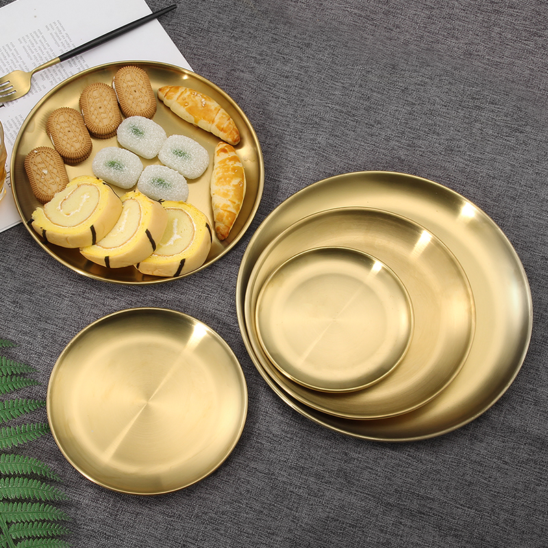 创意金色不锈钢圆盘子韩式烤肉盘托盘茶盘蛋糕甜品盘收纳平盘摆拍 - 图1
