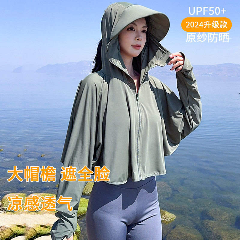 夏冰丝薄款原纱防晒衣女遮脸骑车防紫外线透气薄宽松UPF50+短外套