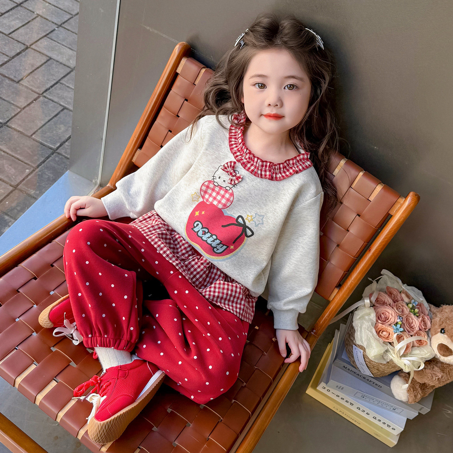 女童套装春秋季儿童纯棉花边卫衣波点裤子两件套韩版女孩宝宝春装,淘宝优惠券,粉丝福利购,淘宝优惠卷