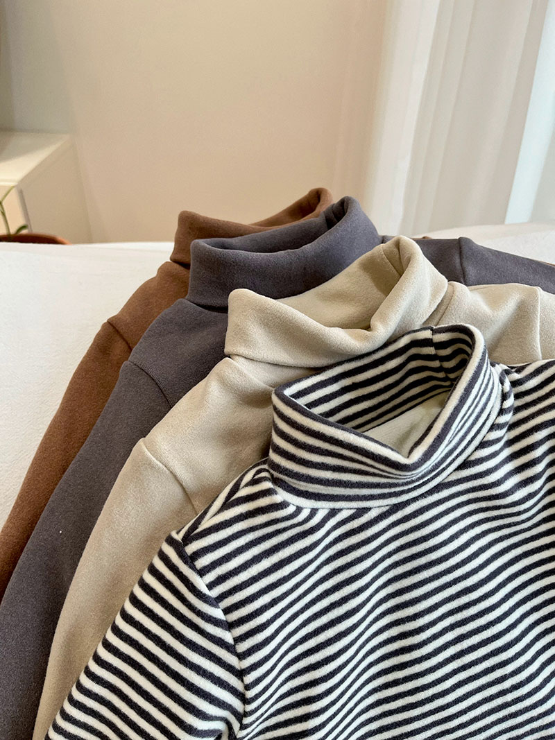 儿童高领打底衫加绒秋冬装新款男童长袖t恤女童条纹保暖上衣体恤 - 图0