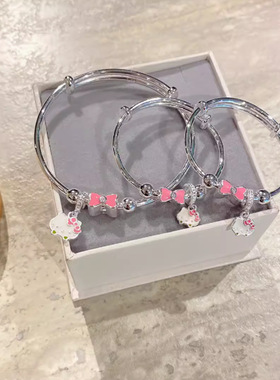 香港正纯银足银KT猫蝴蝶结大小孩中大童手镯足银s999女小抖音同款