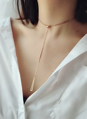 玫瑰金流苏抽拉式钛钢防过敏项链