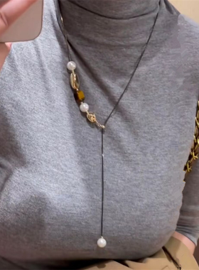 复古几何珠珠毛衣链可抽拉项链