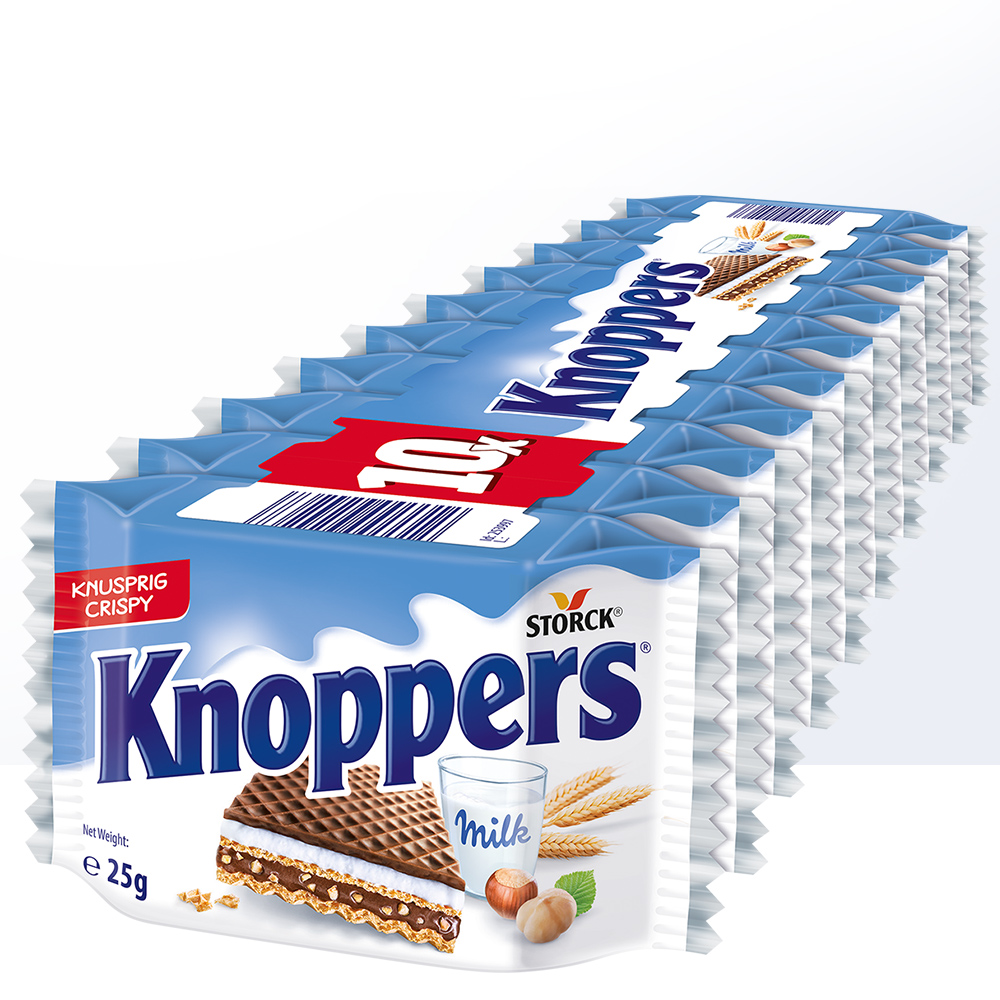 【自营】Knoppers牛奶榛子巧克力夹心威化饼干10连包250g进口德国