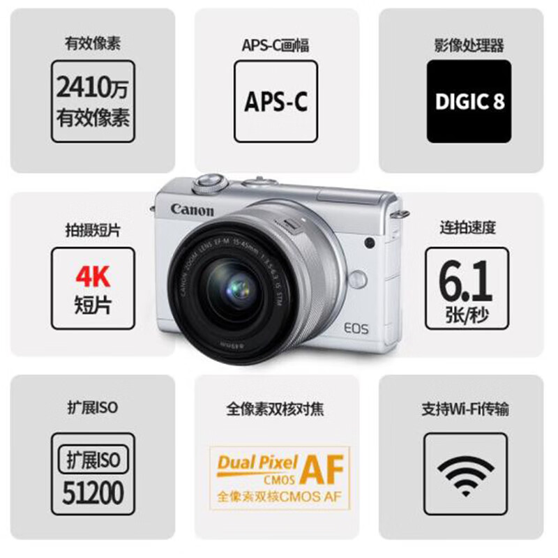 【自营】Canon佳能EOSM200 15-45套机入门级美颜数码相机高清微单-图0