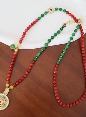 网红热卖款中古风复古绿玛瑙南红毛衣链珐琅吊坠毛衣链长款项链女